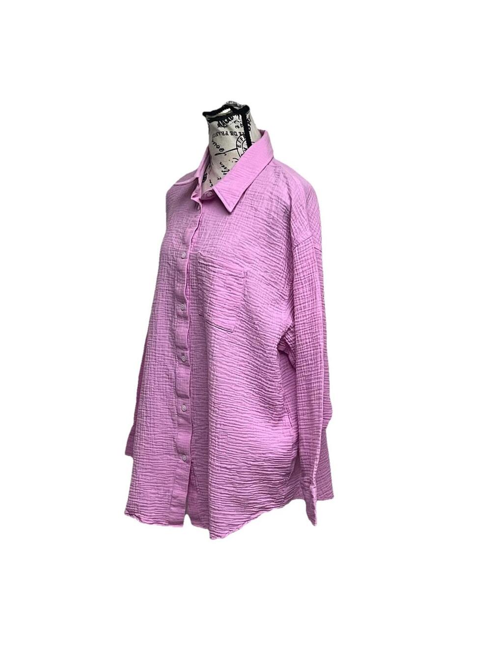 32 Cool Pink Gauze Button Up Tunic Blouse XL Slub Knit Coastal Boho Oversized - Picture 3 of 10